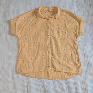 Sonoma Women's Mustard Button Down Shirt with Floral Pattern